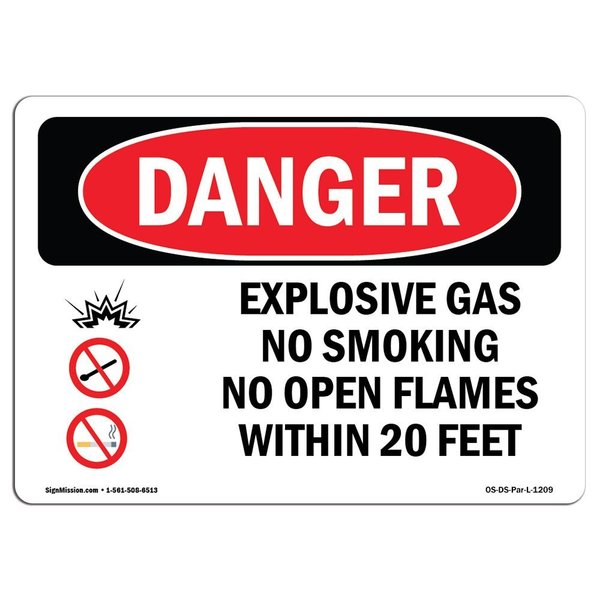 Signmission OSHA Danger Sign, 7" Height, 10" Width, Aluminum, Explosive Gas No Smoking Within 20 Feet, Landscape OS-DS-A-710-L-1209
